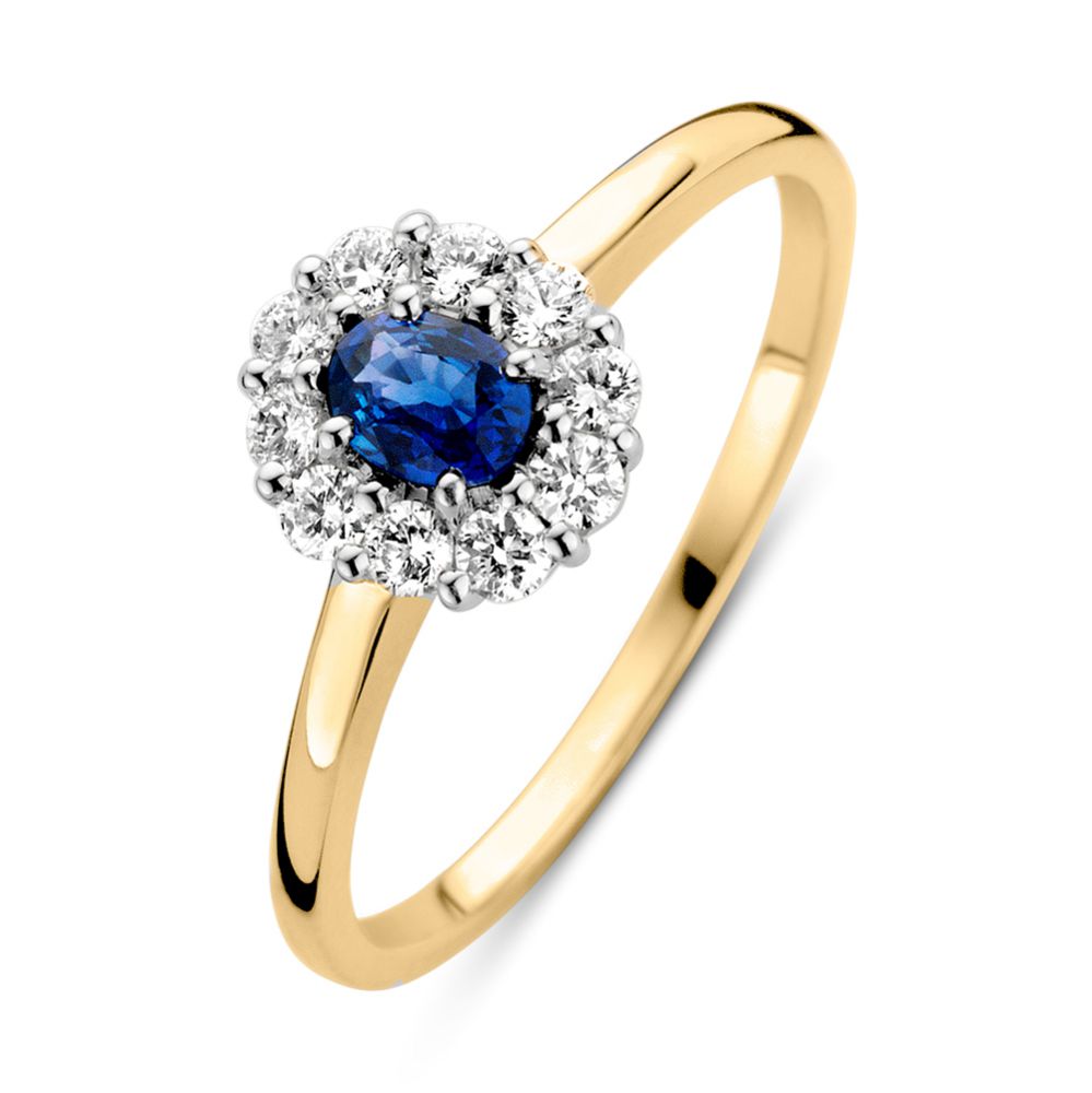 Verfeinerter Ring aus Gelbgold mit blauem Saphir und Brillanten im Pavé-Setting