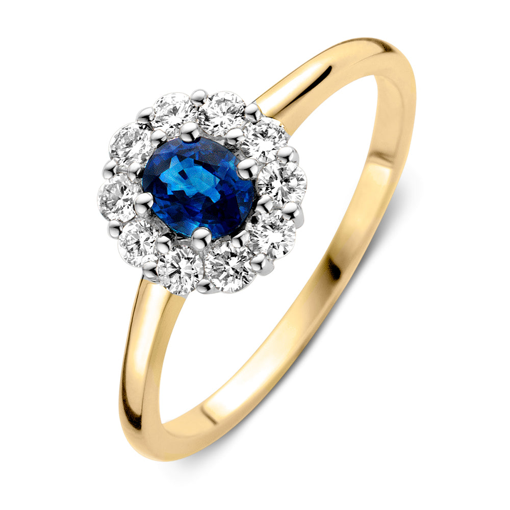 Eleganter Ring aus Gelbgold mit blauem Saphir und Brillanten in Krappenfassung