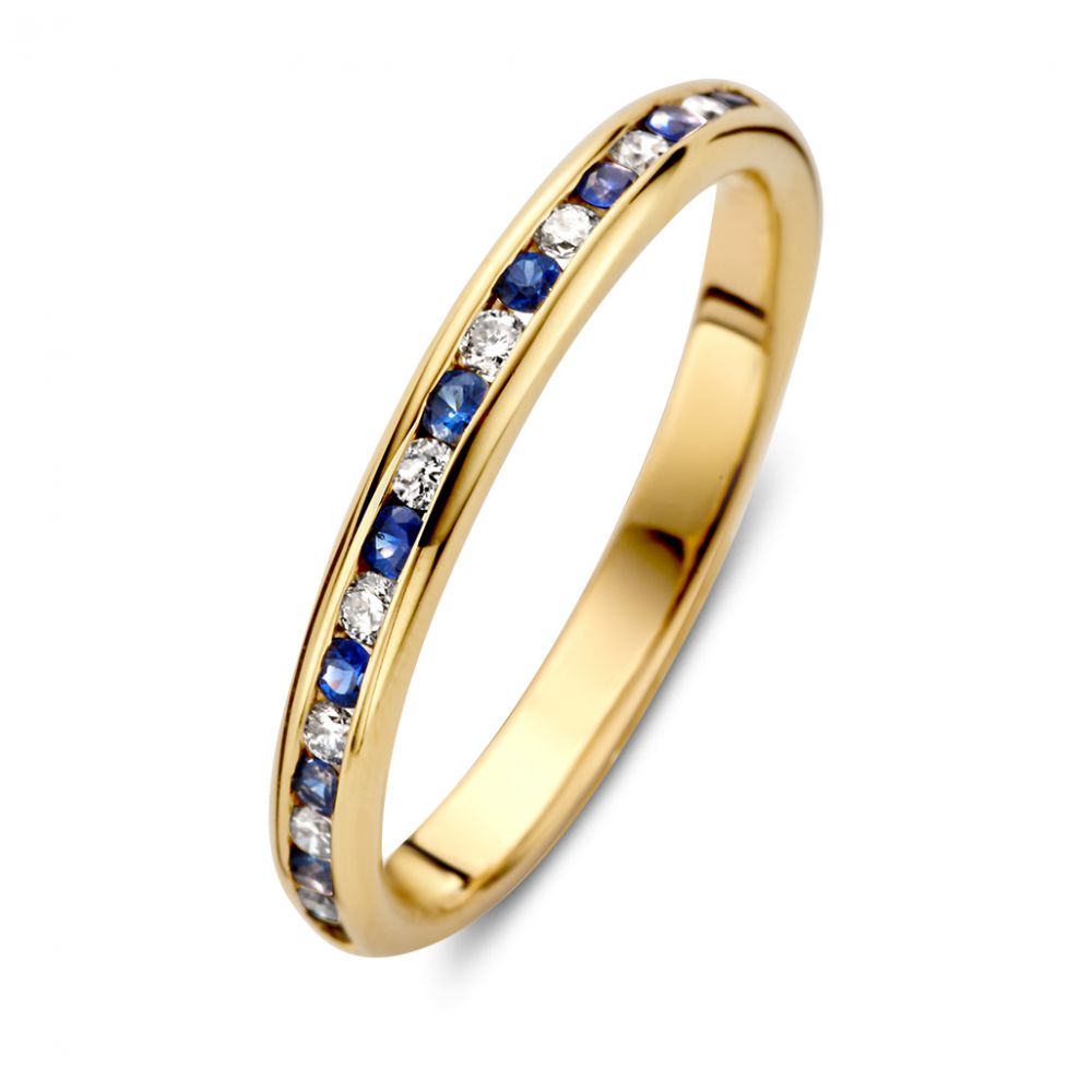 Feine gelbgoldene Ring mit Diamanten und blauen Saphiren in Railsfassung