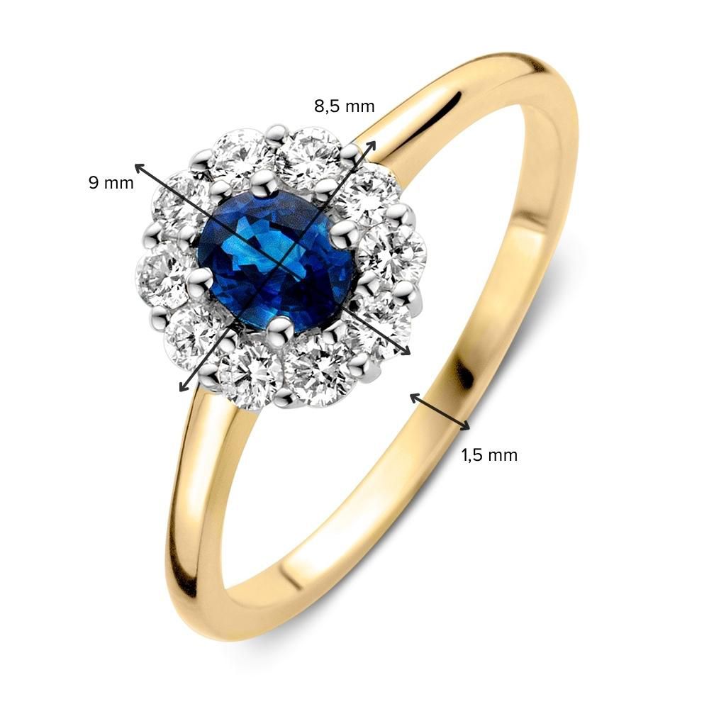 Eleganter Gelb-Weißgoldring mit blauem Saphir und Brillanten