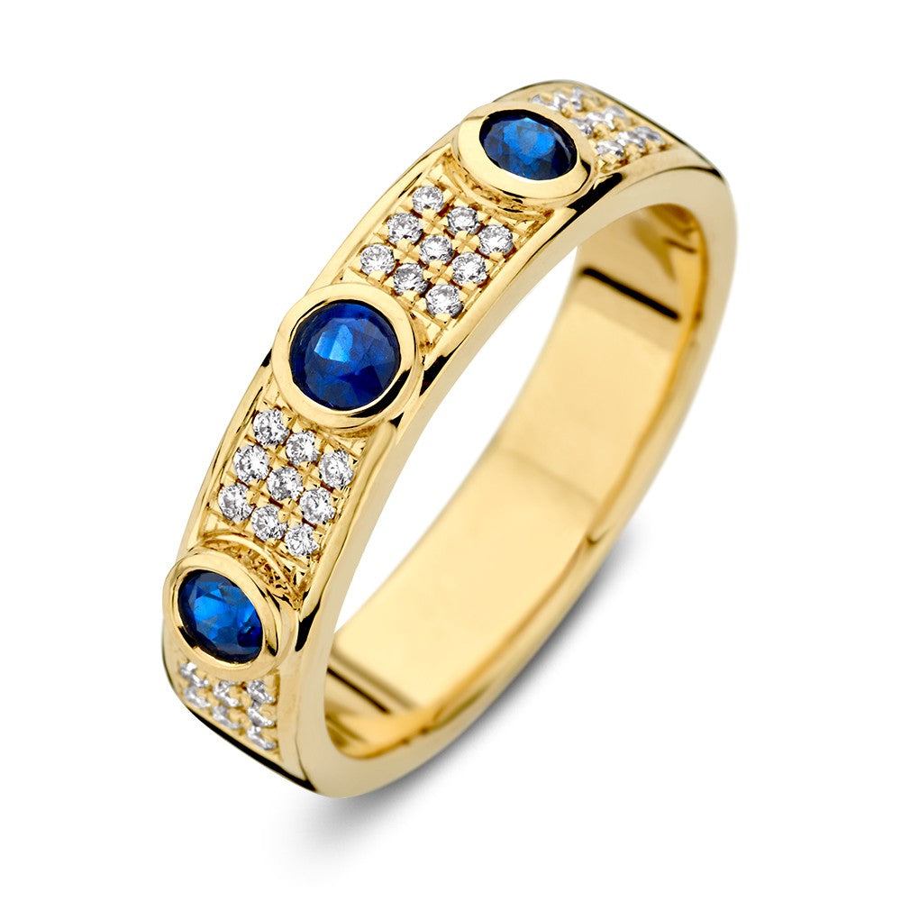 Gelbgoldener Ring mit 3 blauen Saphiren und Diamanten, 14 Karat, mit glänzender Oberfläche