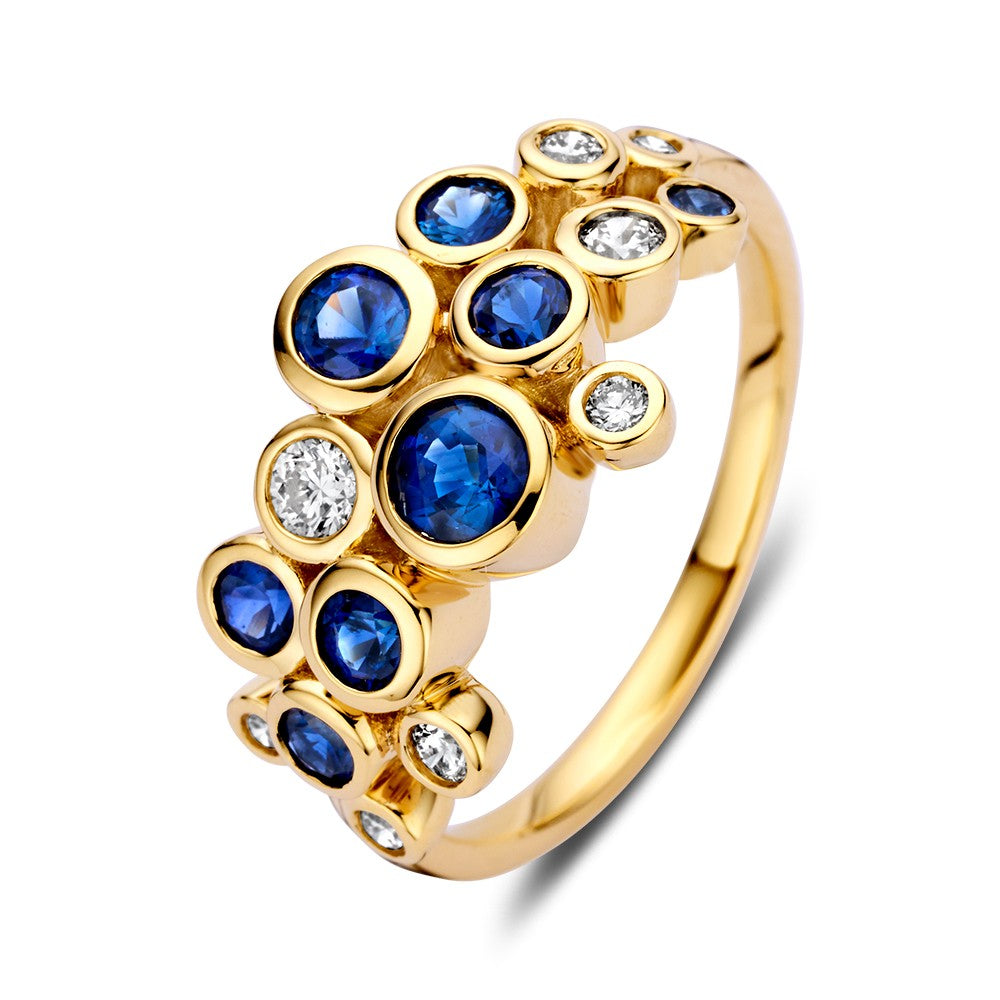 Ring aus 14 Karat Gelbgold mit blauen Saphiren und weißen Diamanten in Bubbles-Design