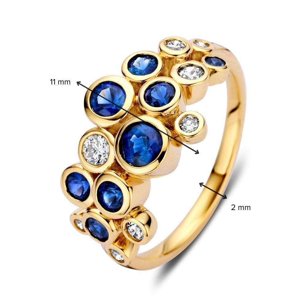 Eleganter 14K Goldring mit 1,10 ct Saphiren und 0,29 ct Diamanten, Kollektion „Bubbles“, Gelbgold