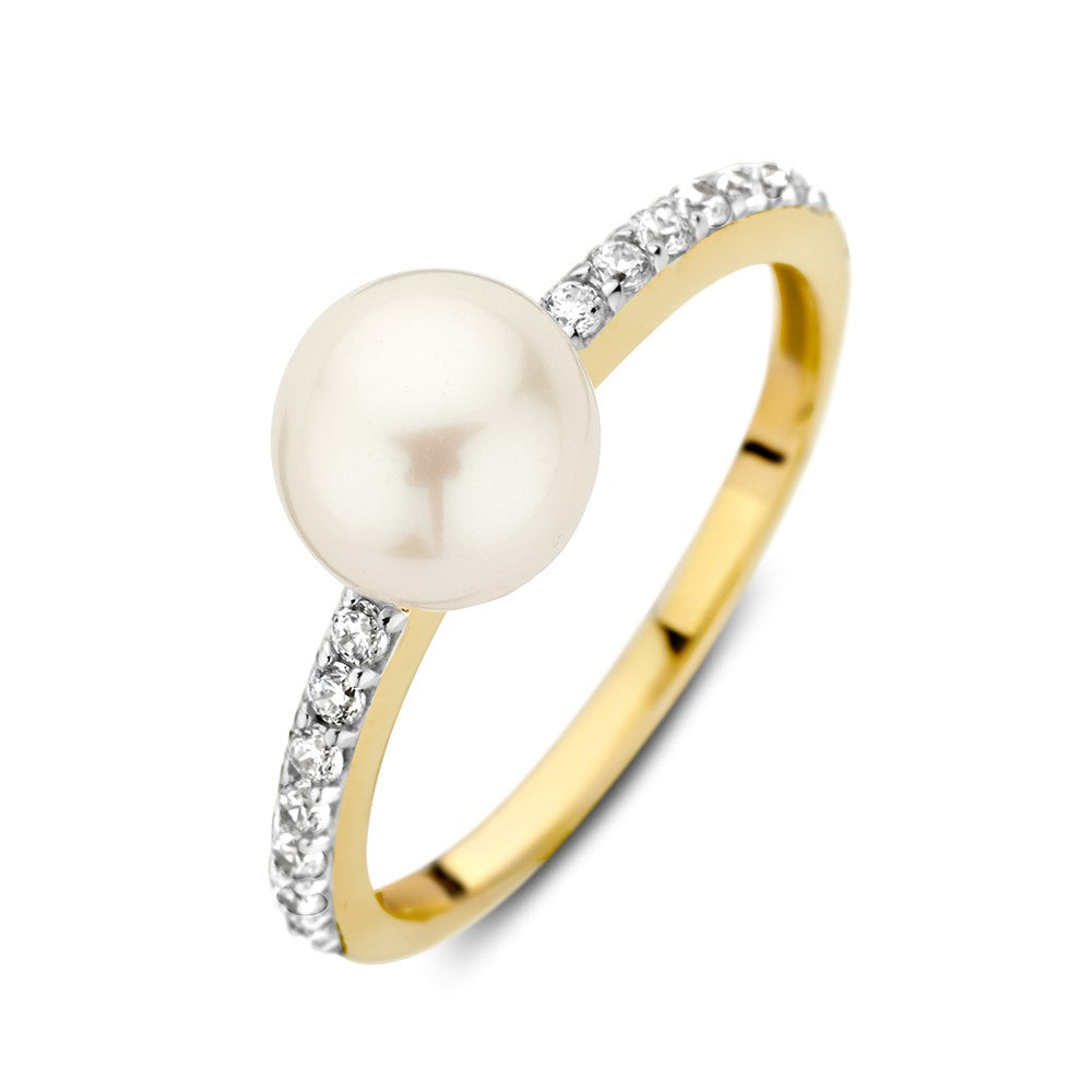 Ring aus 14K Gold mit einer Süßwasserperle und Zirkonia-Steinen am Band