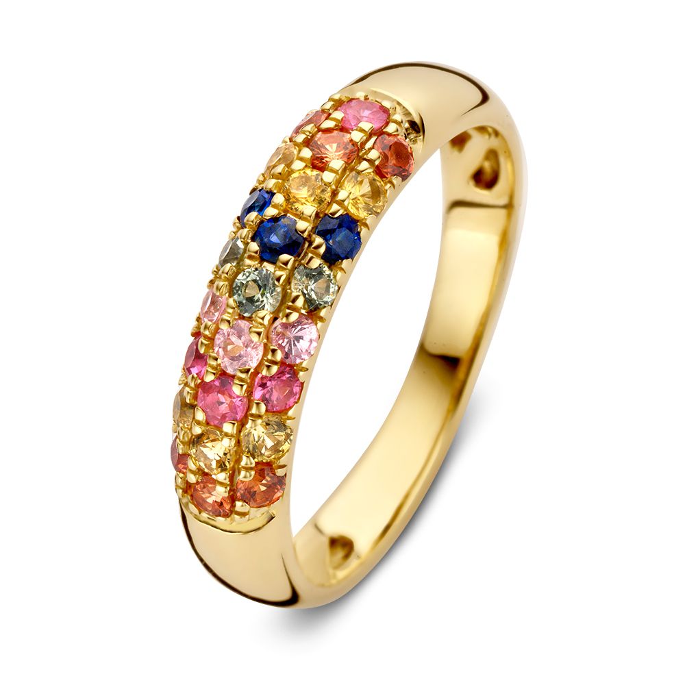 Luxe Ring aus 14 Karat Gelbgold mit Regenbogen-Saphiren und Pavé-Diamanten