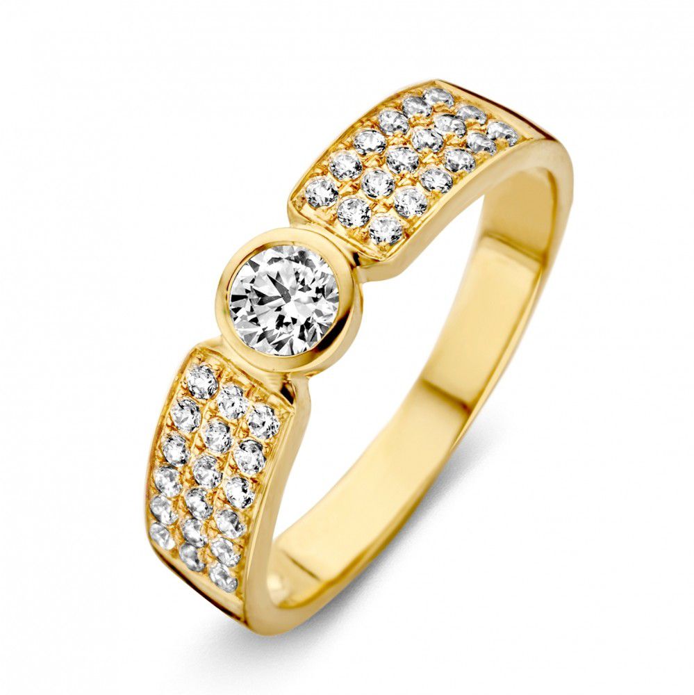 Damenring aus Gelbgold mit Zirkonia in Pavéfassung und rundem Zirkonia in der Mitte
