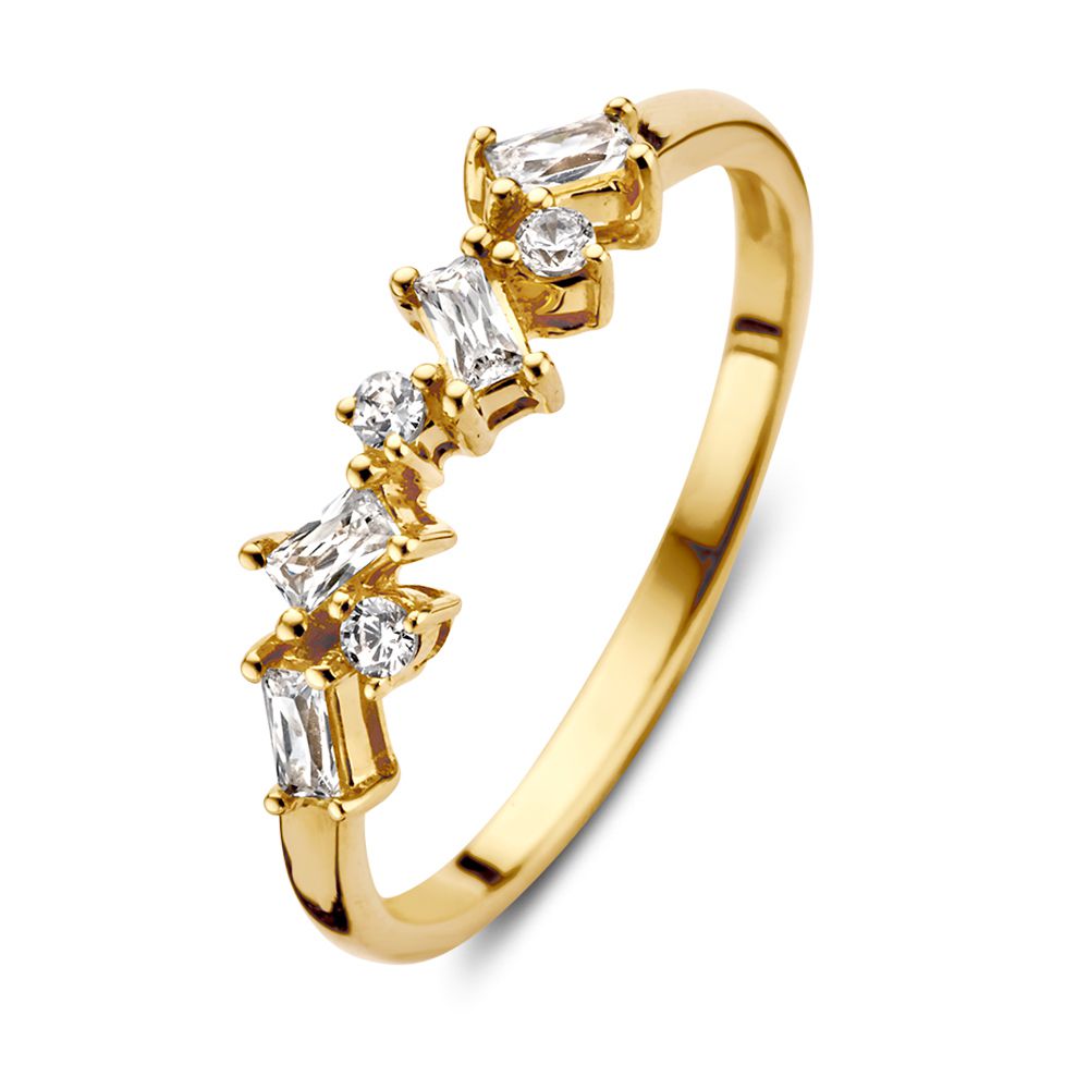 Eleganter Damenring aus 14 Karat Gelbgold mit Brillanten und baguetteförmigen Zirkonia