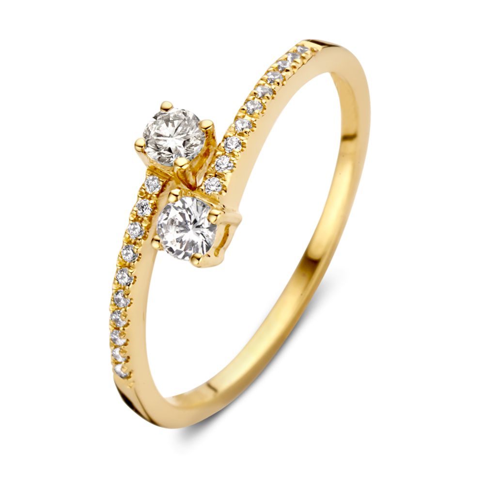 Ring aus 14 Karat Gelbgold mit doppeltem Band und Zirkonia, zwei große Steine und kleine Zirkonia entlang der Bandkante