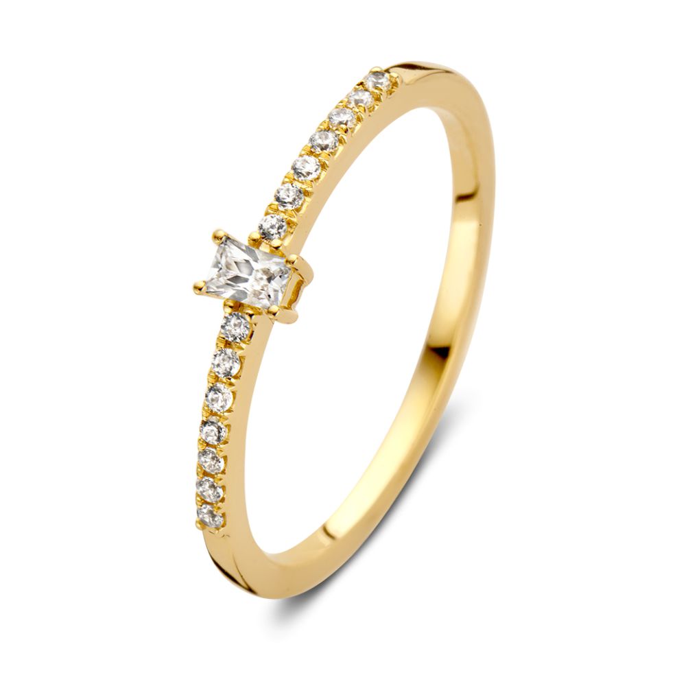 Gelbgoldener Ring mit Zirkonia und baguettegeschliffenem Mittelstein