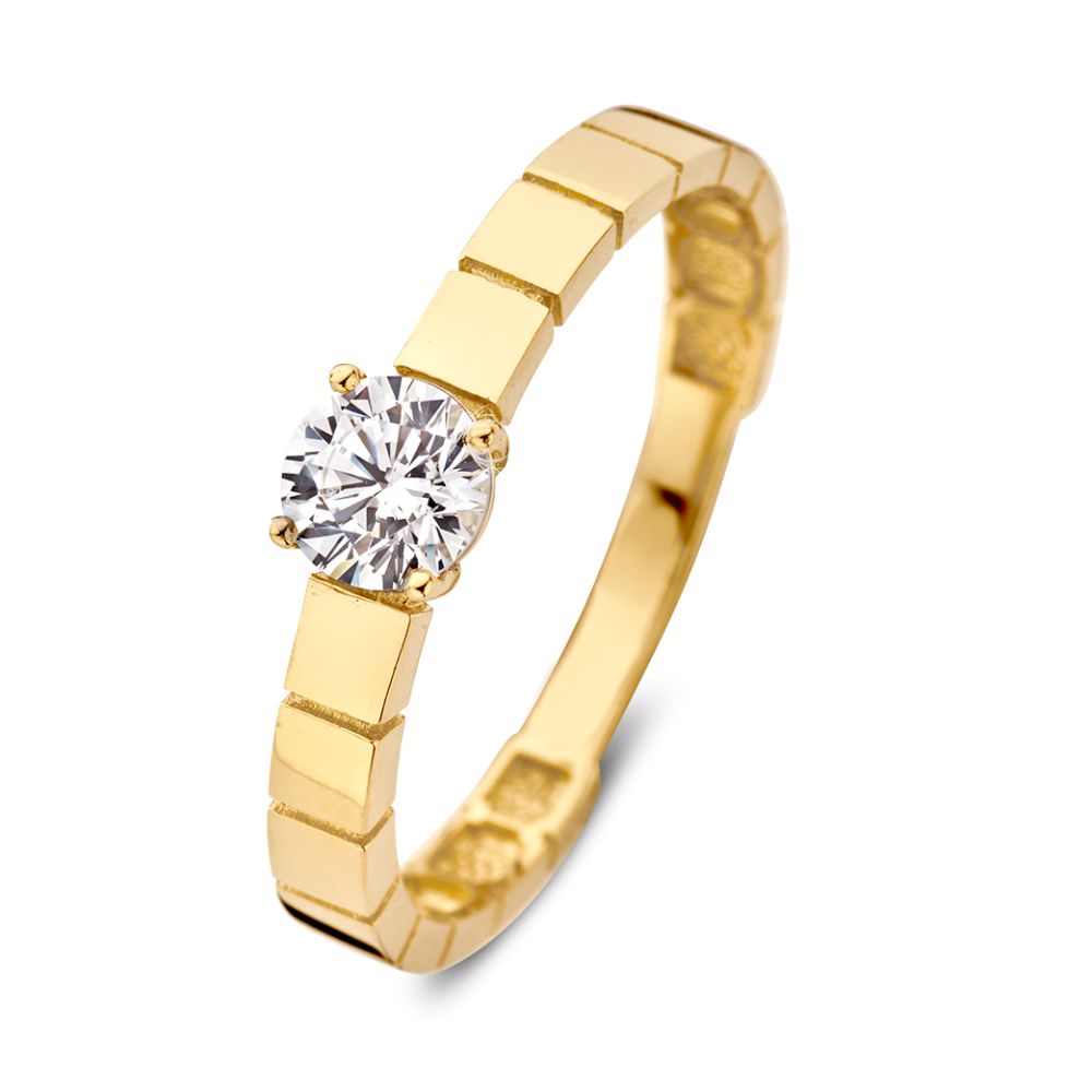 Gelbgoldener Ring mit Zirkonia-Mittelstein und bearbeitetem Band