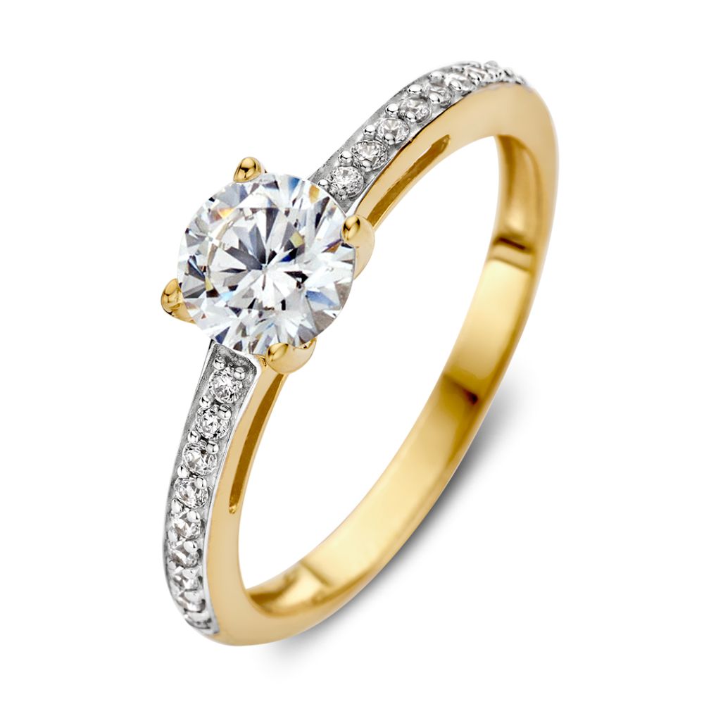 Gelbgoldener Ring mit Zirkonia, 14 Karat, 6 mm breit, mit rundem Stein und funkelnden Details