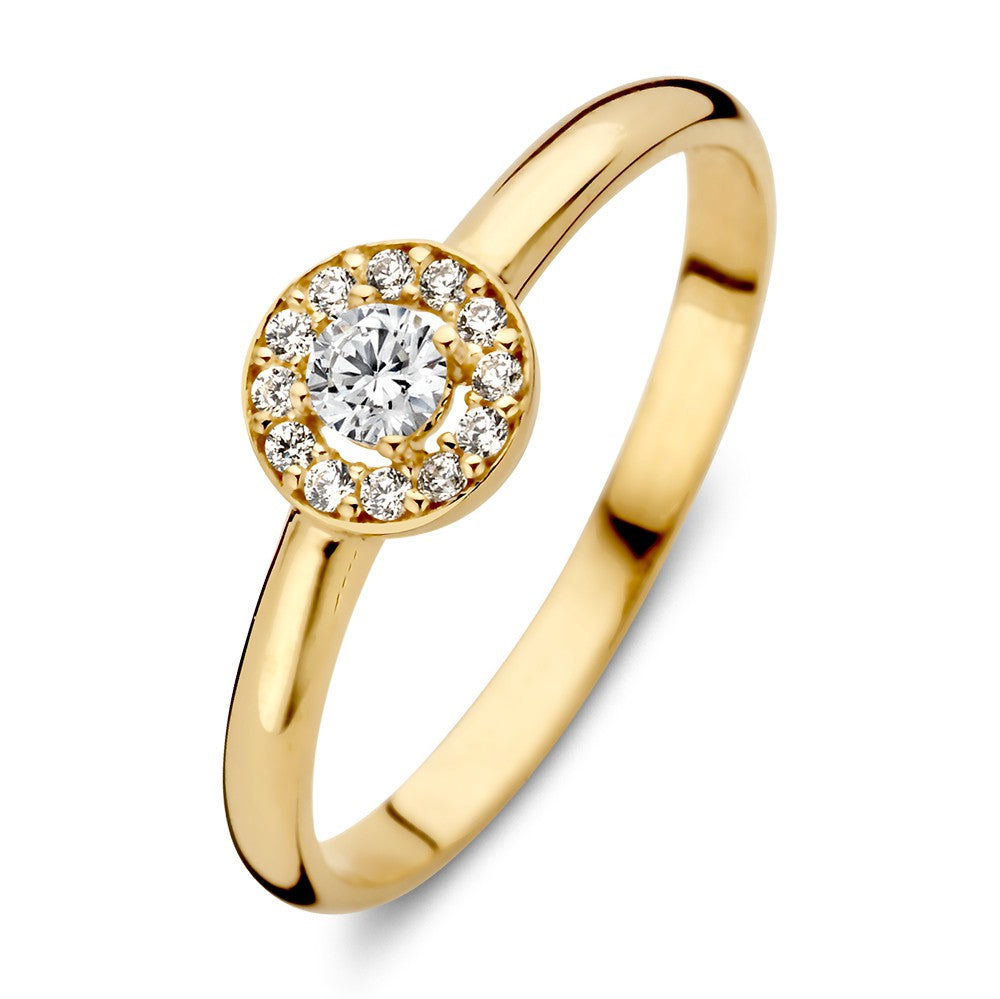 Ring aus 14-karätigem Gelbgold mit rundem Zirkonia-Mittelstein und umlaufenden Zirkonia.