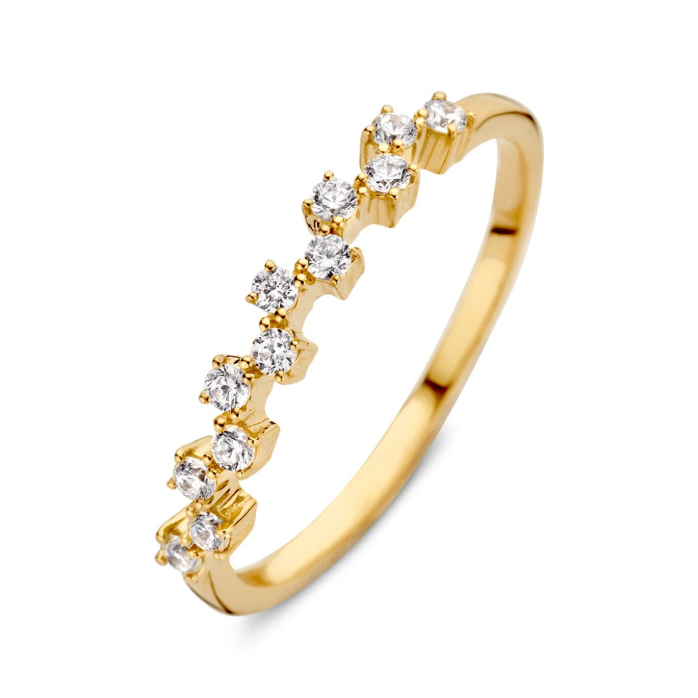 Feine Ring aus 14 Karat Gelbgold mit funkelnden Zirkonia-Steinen in einer eleganten Anordnung