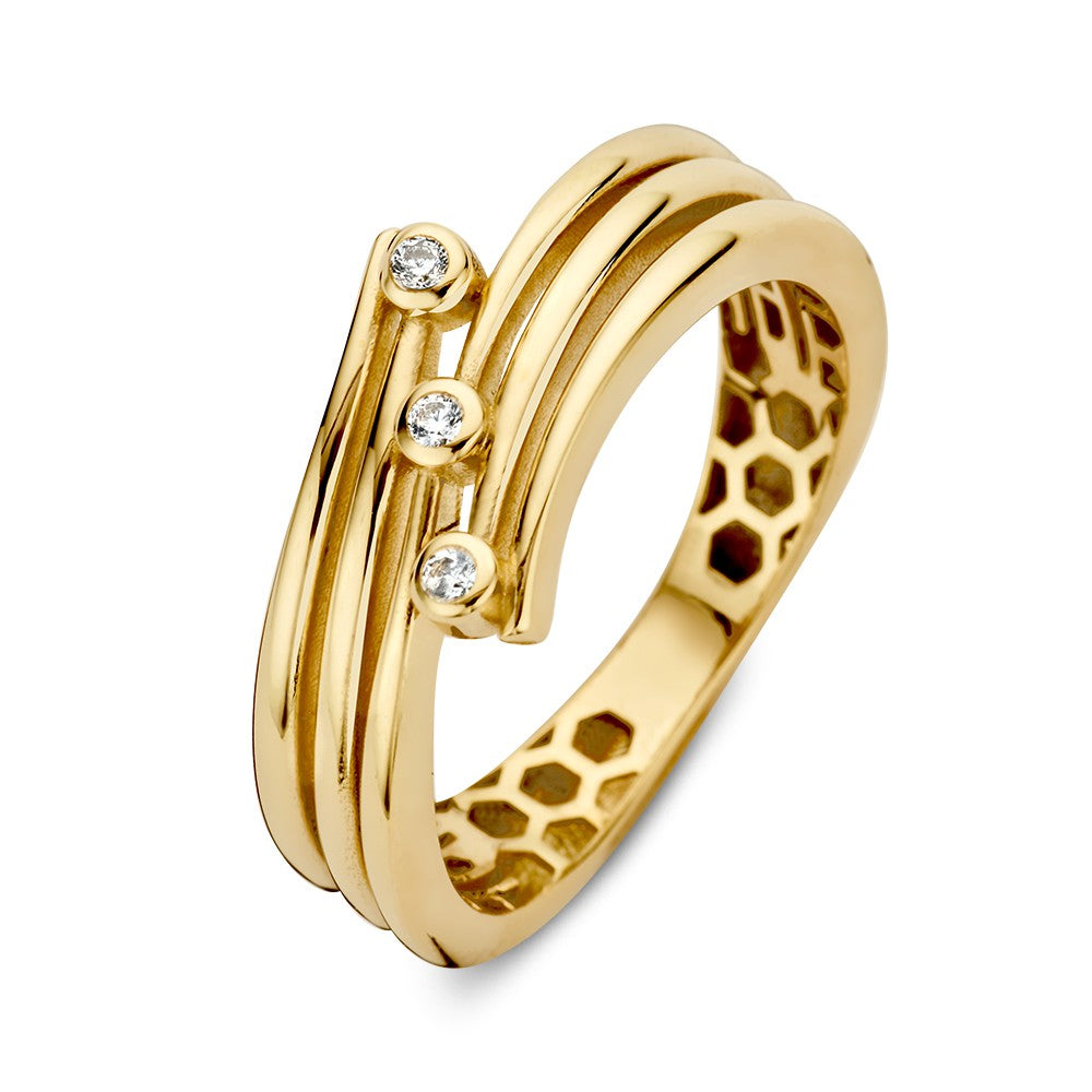 Eleganter Ring aus Gelbgold mit drei Zirkonia und modernem, spielerischem Design