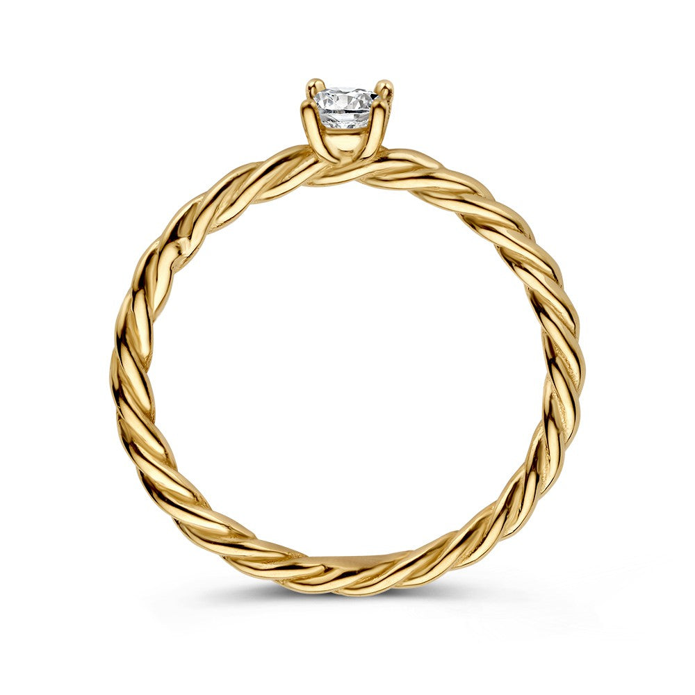 Goldener Solitärring mit gedrehter Ringschiene und Zirkonia – Zeitlose Eleganz