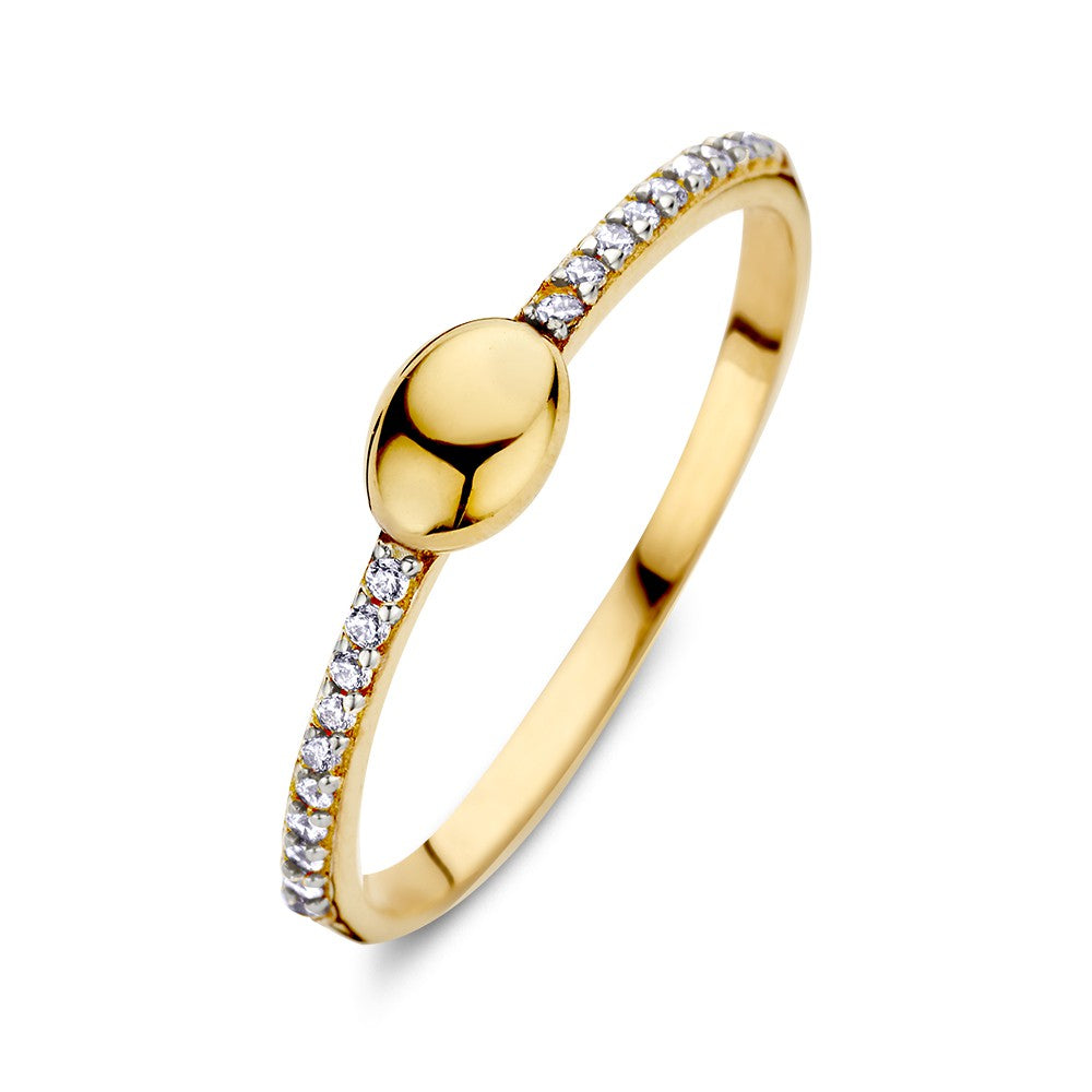 Ring aus Gelbgold mit ovalem Element und Zirkonia, schmaler Band mit funkelnden Steinen