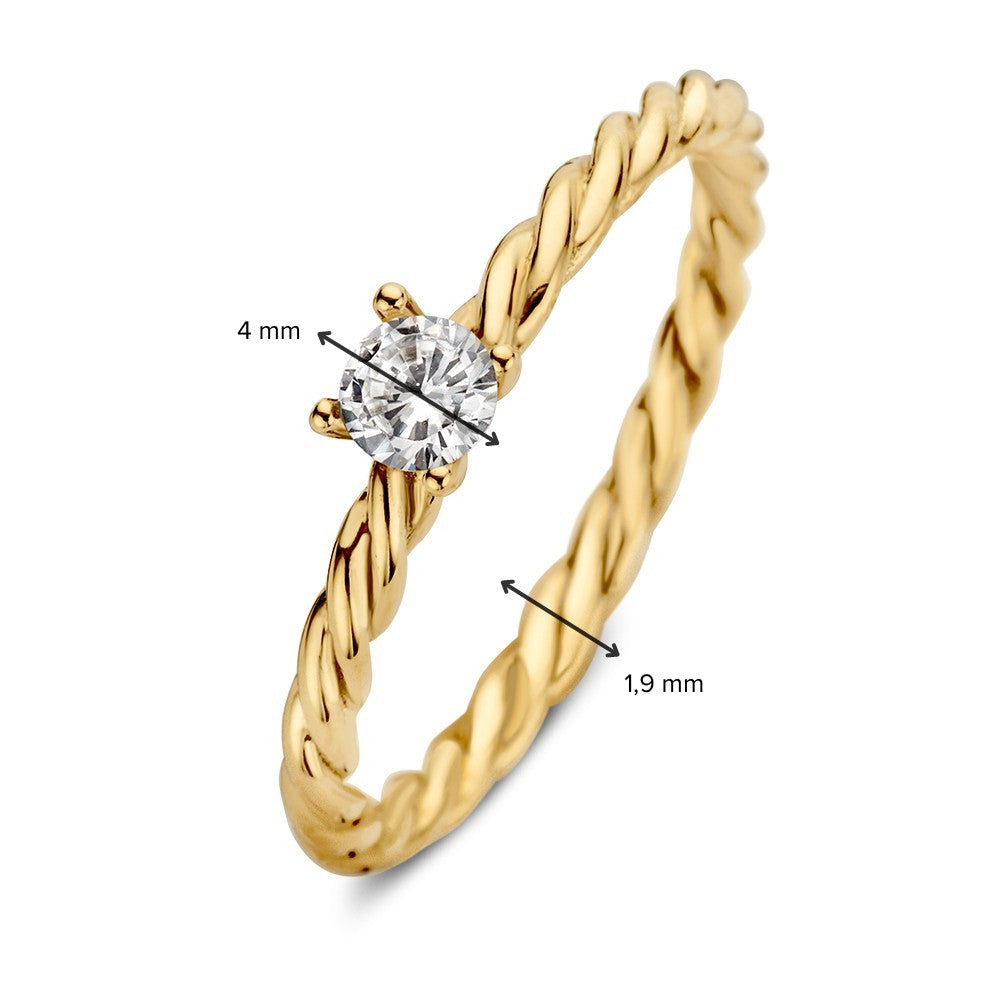 Goldener Solitärring mit gedrehter Ringschiene und Zirkonia – Zeitlose Eleganz
