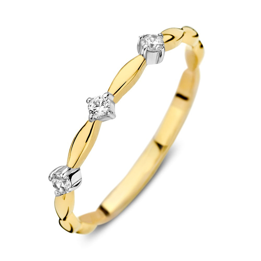 Bicolor Ring aus 14K Gelb- und Weißgold mit drei Zirkonia-Steinen und geschwungener Form