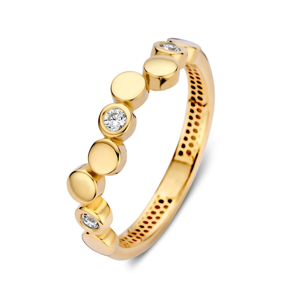 Gelbgoldener Ring mit verspielten runden Elementen und funkelnden Zirkonia's