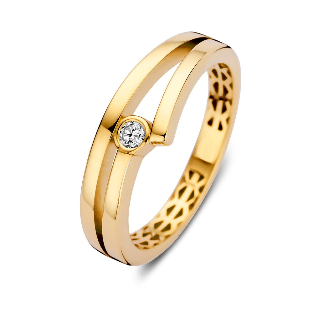 Gelbgoldener Ring mit Zirkonia und filigranem Design, glänzende Oberfläche und moderne Form