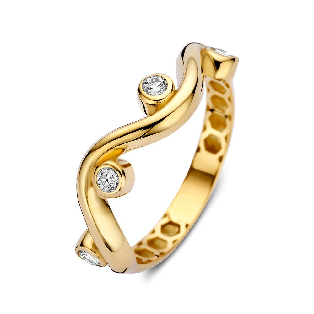 Gelbgoldener Ring mit runden Zirkonia in verspielten Zirkeln und offener Struktur