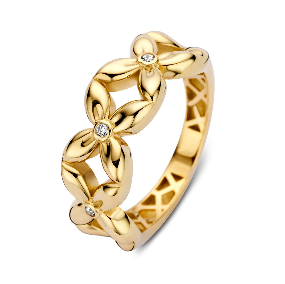 Breite gelbgoldene Ring mit Blumenmuster und Zirkonia-Herzdetails