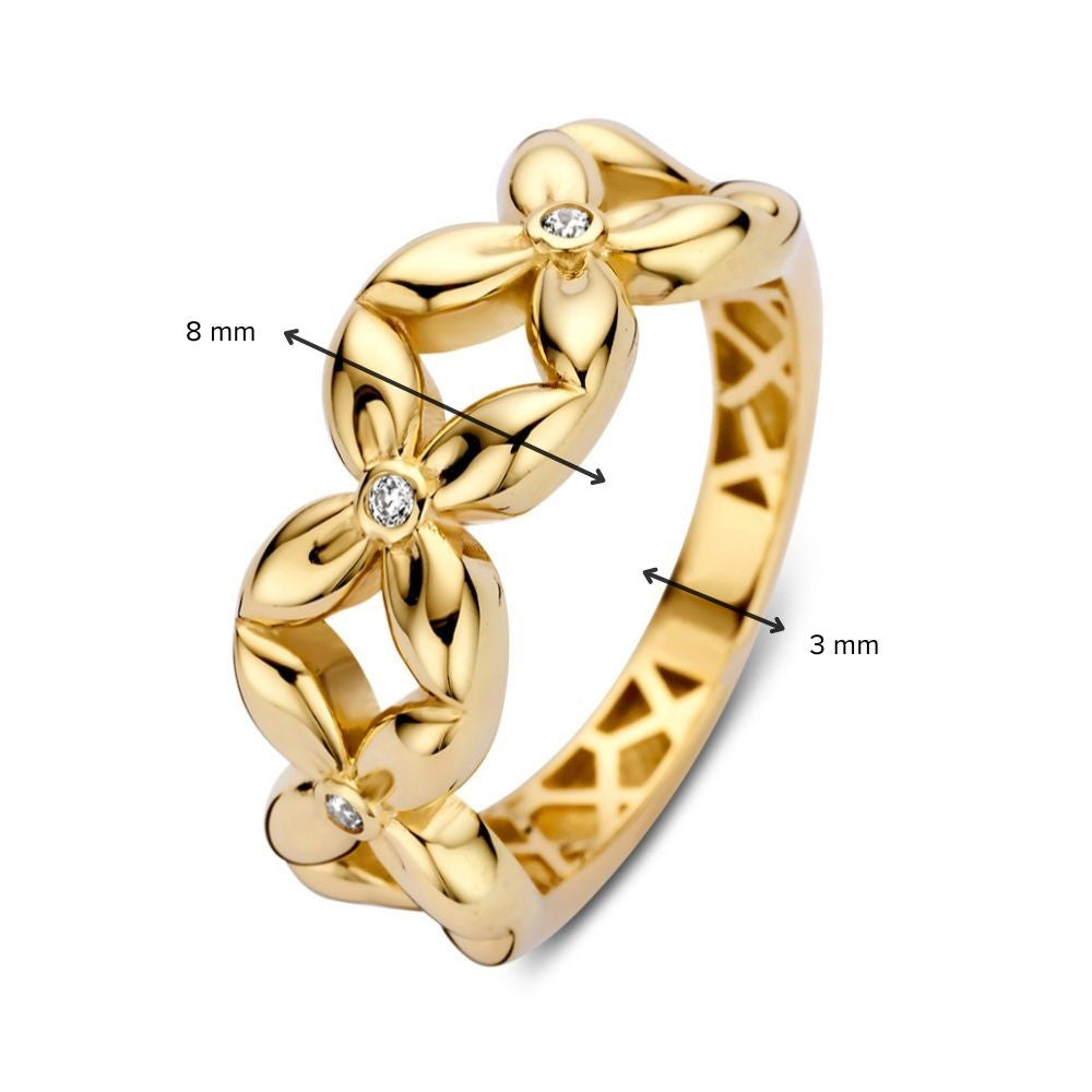 Breiter Gelbgoldring mit Blumenmuster und Zirkonia-Herz – Eine feminine Note