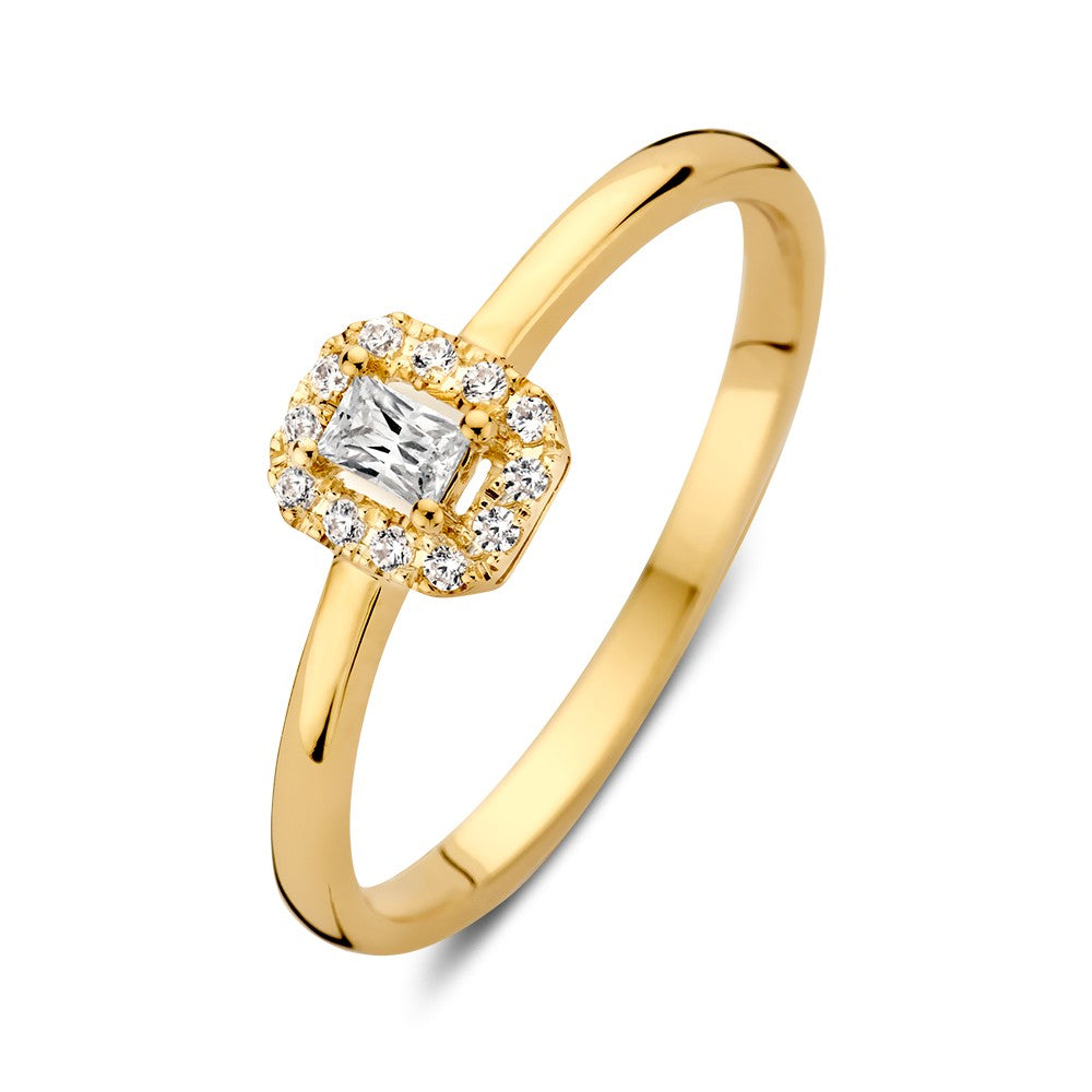 Eleganter gelbgoldener Ring mit Entouragefassung und quadratischem Zirkonia in der Mitte