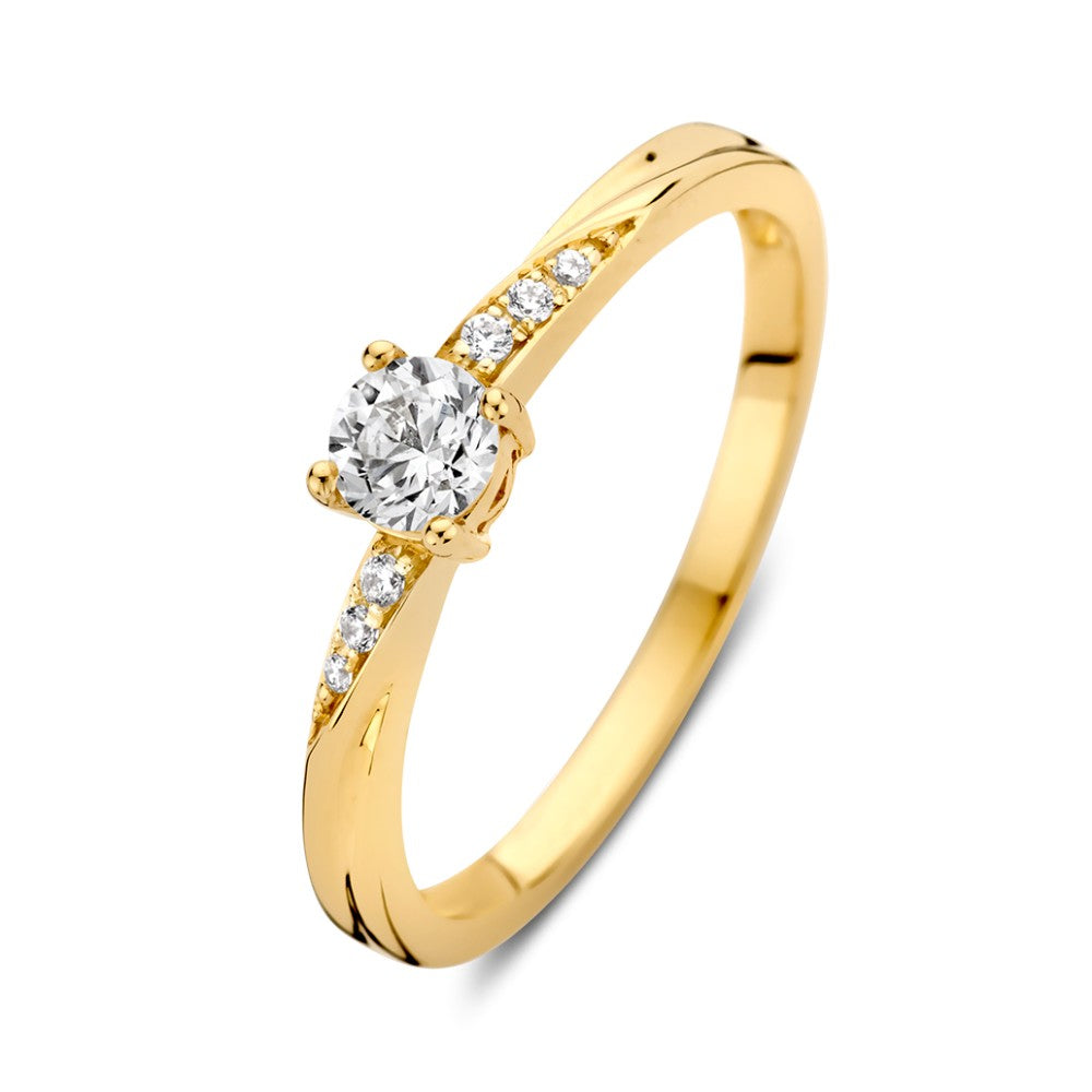 Gelbgoldene Solitär-Ring mit Zirkonia und verspieltem Twist-Design