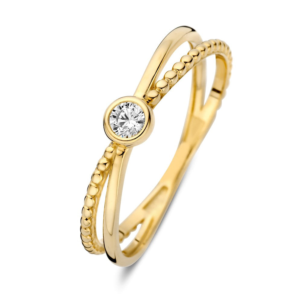 Ring aus Gelbgold mit Zirkonia, feines Design mit zwei schmalen Bändern und rundem Stein