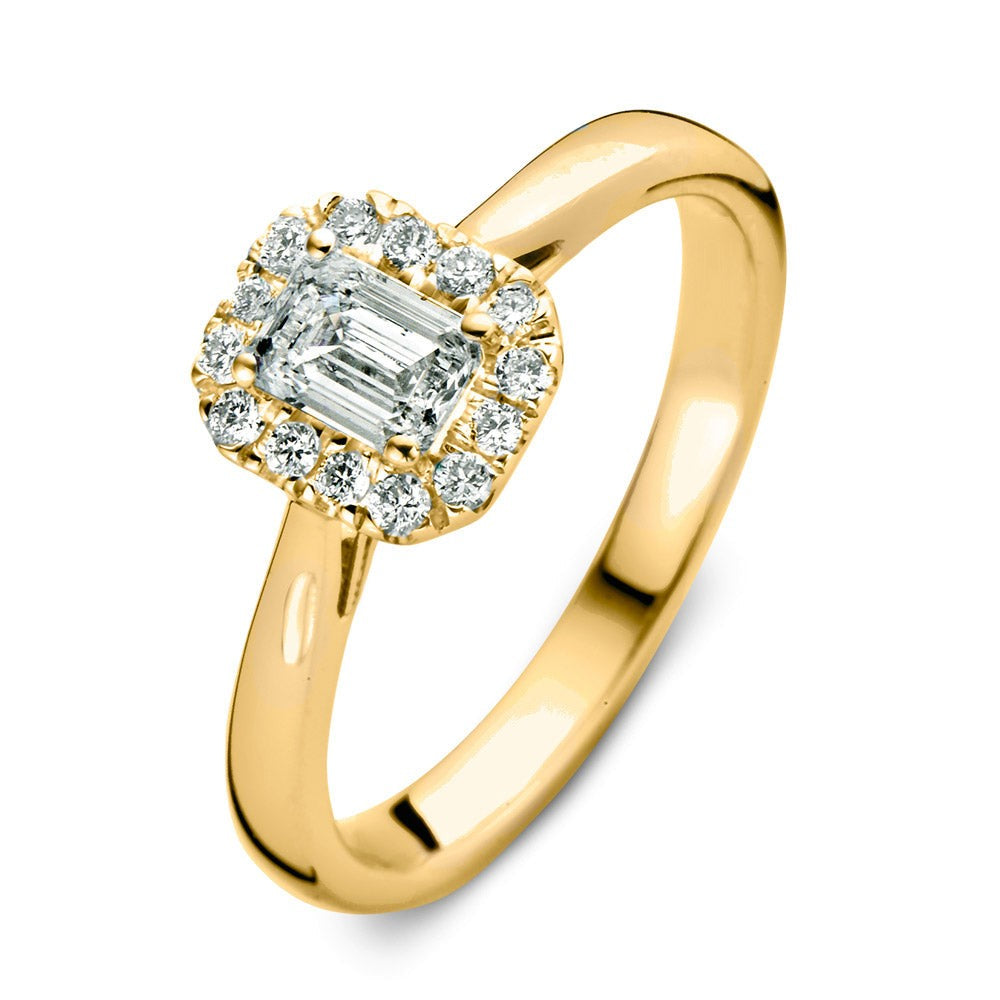Ring aus Gelbgold mit 0,66 Karat, rechteckigem Zifferblatt und umgebenden Brillanten