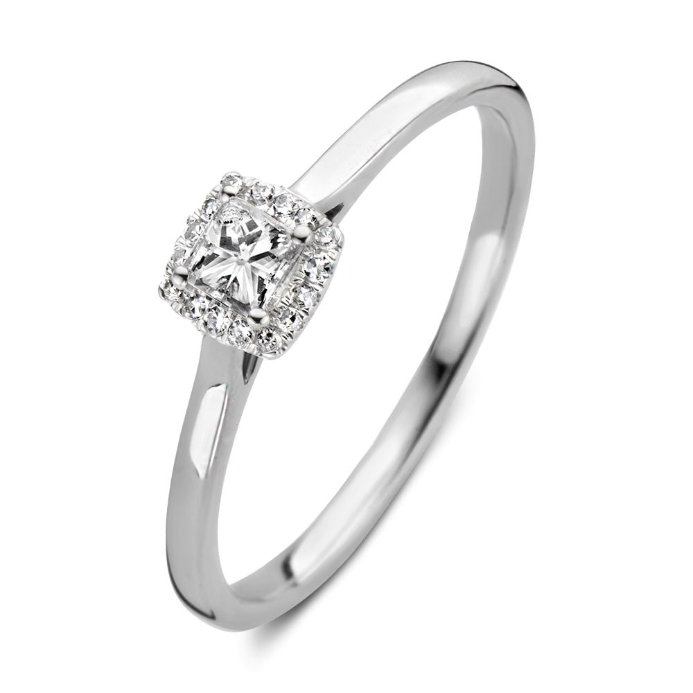 Ring aus Weißgold mit quadratischem Diamanten (0,24 Karat) und funkelndem Pavé.