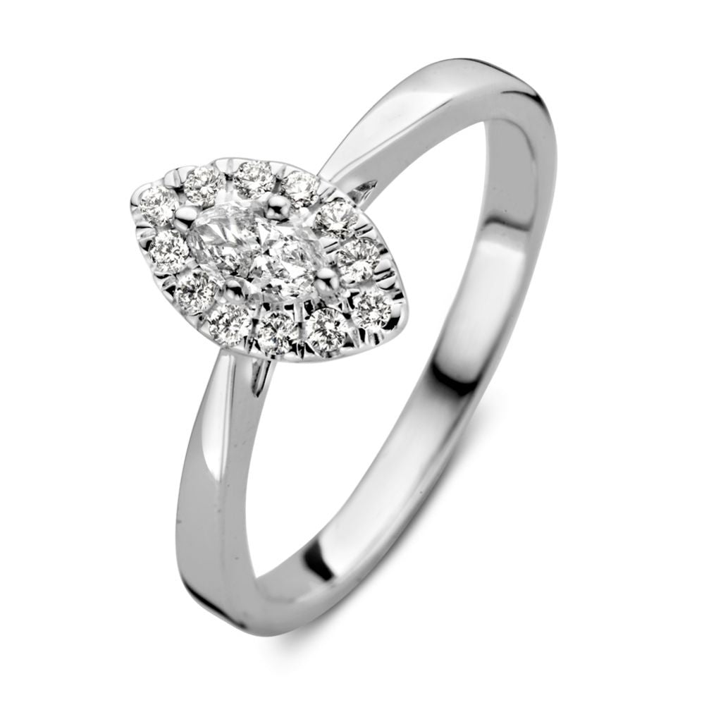 Damenring aus Weißgold mit marquiseförmigem Diamanten in Entouragefassung und 0,34 ct