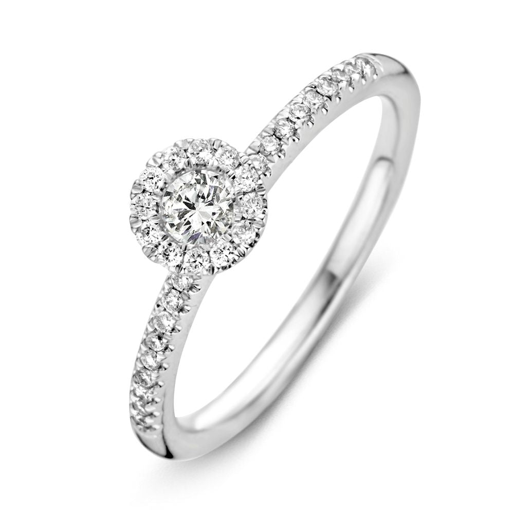 Ring aus Weißgold mit Brillant und rundem, funkelndem Zierstein in der Mitte