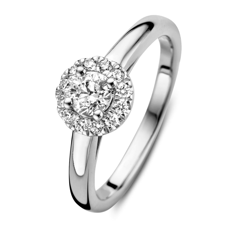 Ring aus Weißgold mit 0,40 Karat zentralem Diamanten und rundem, funkelndem Pavé