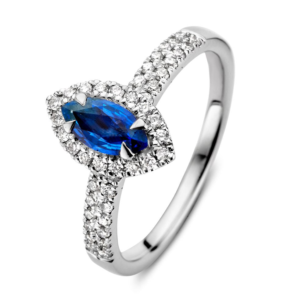 Ring aus 14 Karat Weißgold mit einem marquisgeschliffenen Saphir und 0,53 Karat Diamanten