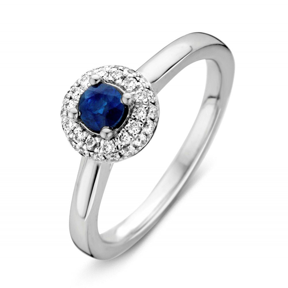 Damenring aus Weißgold mit blauem Saphir und Brillanten, 14k Gold, runde Form