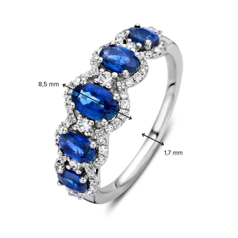 14 Karat Weißgold Luxusring mit oval geschliffenem blauem Saphir und 0,32 Karat Diamanten