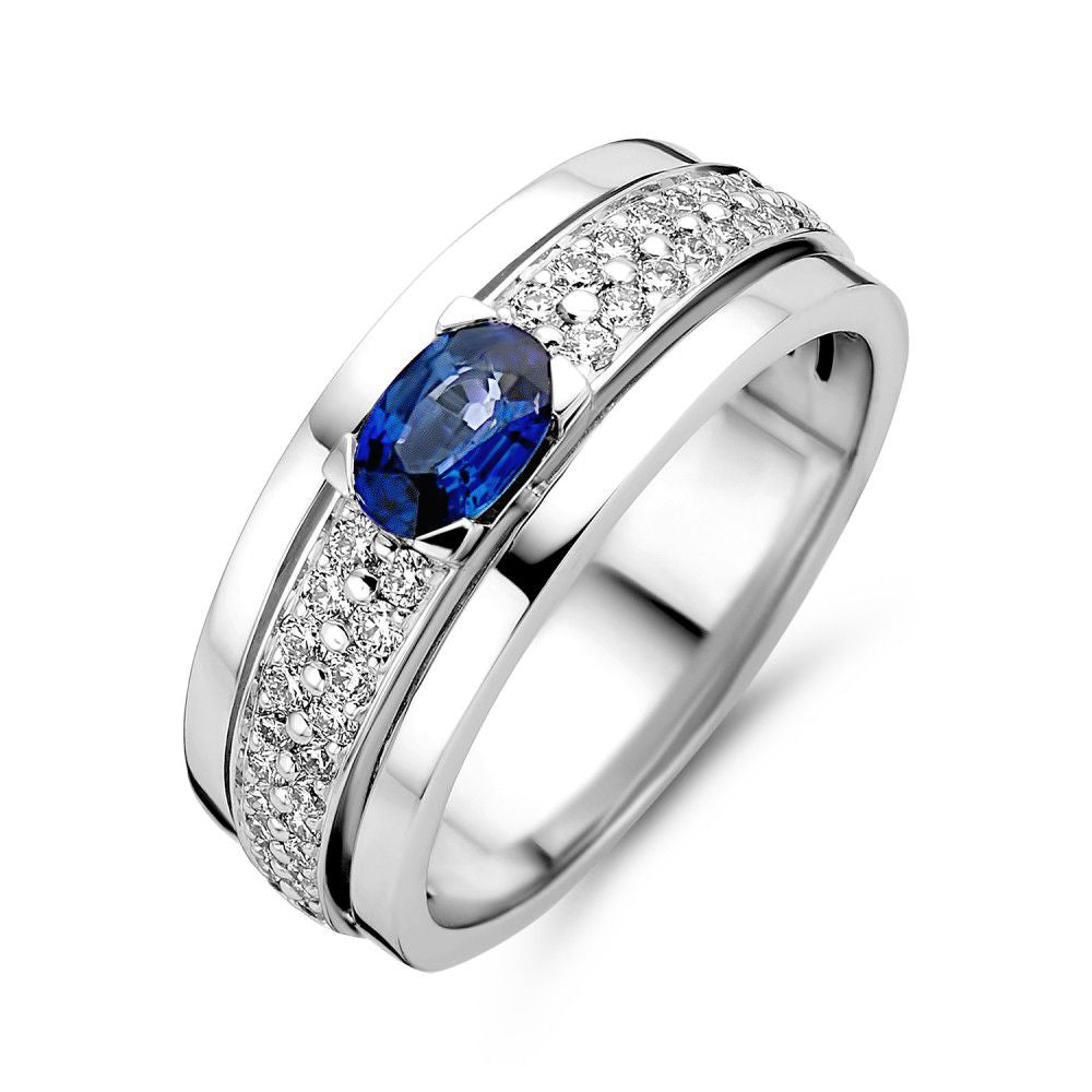 Damenring aus Weißgold mit ovalem Saphir und Brillanten, glänzende Oberfläche und moderne Form