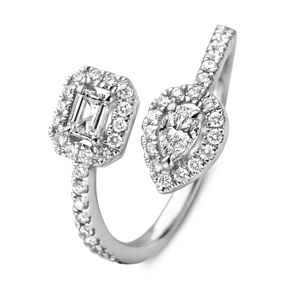Witgouden Ring mit einem rechteckigen und einem herzförmigen Diamanten, umgeben von kleinen Brillanten