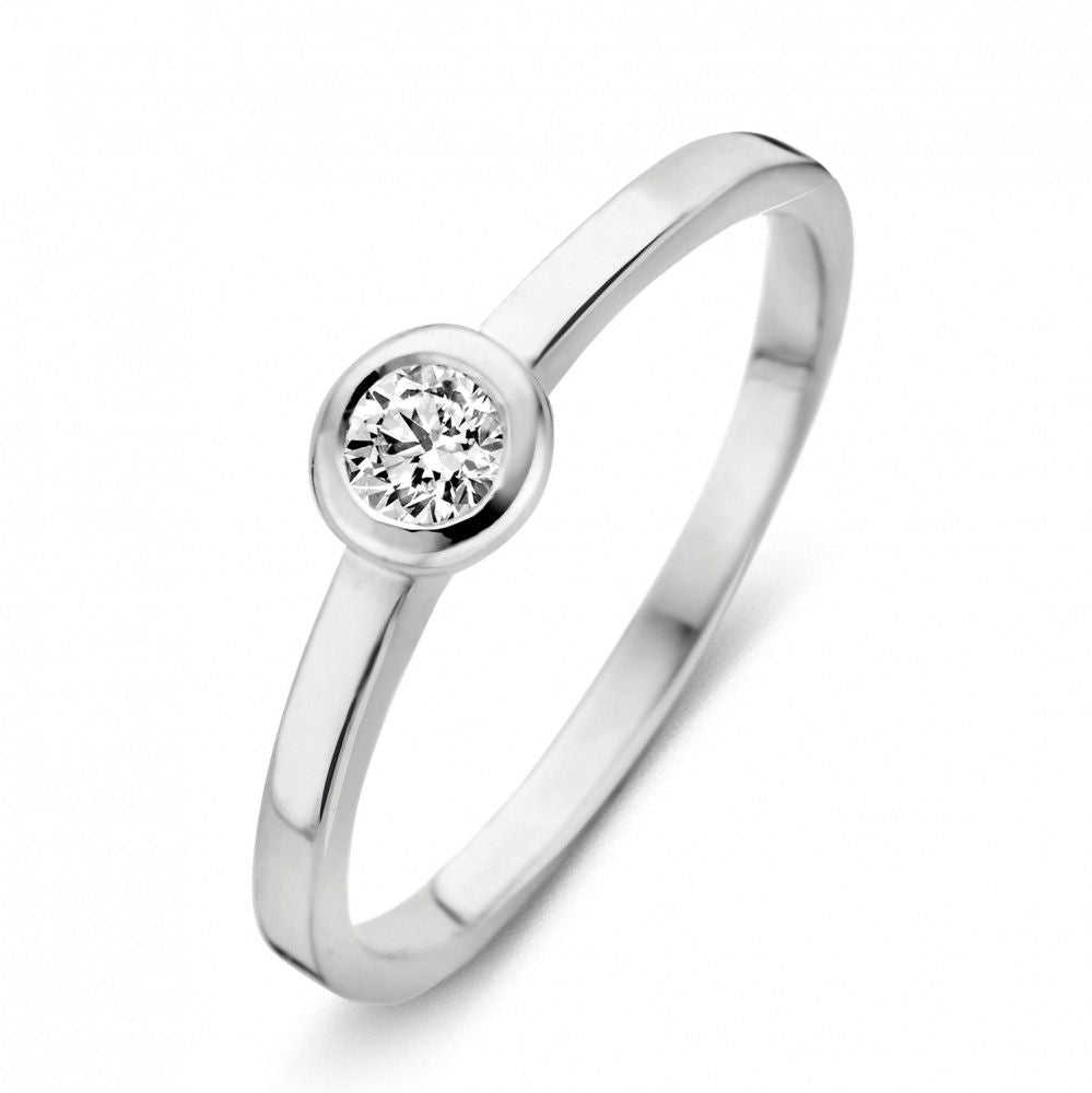 Witgouden Solitärring mit Zirkonia und schmalem, glänzendem Ringband