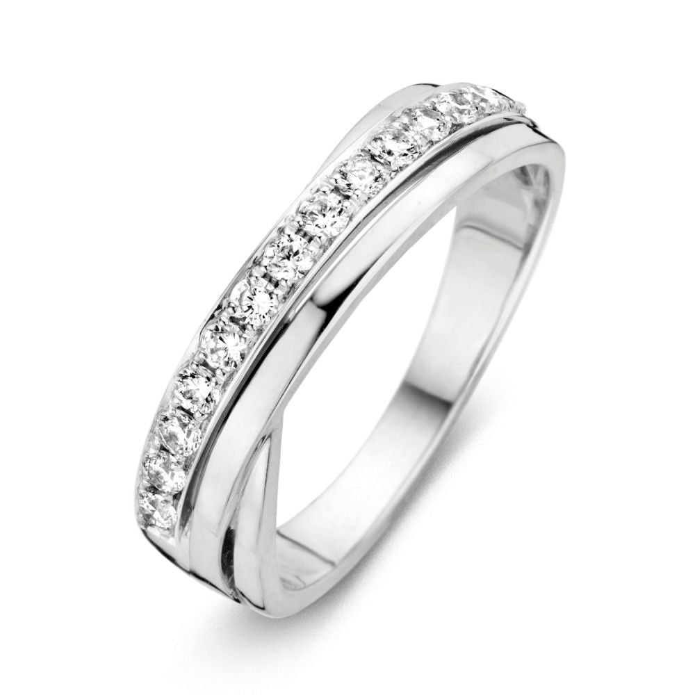 Witgouden Ring mit Zirkonia, zeitloses Design mit funkelnden Steinen entlang der Fassung