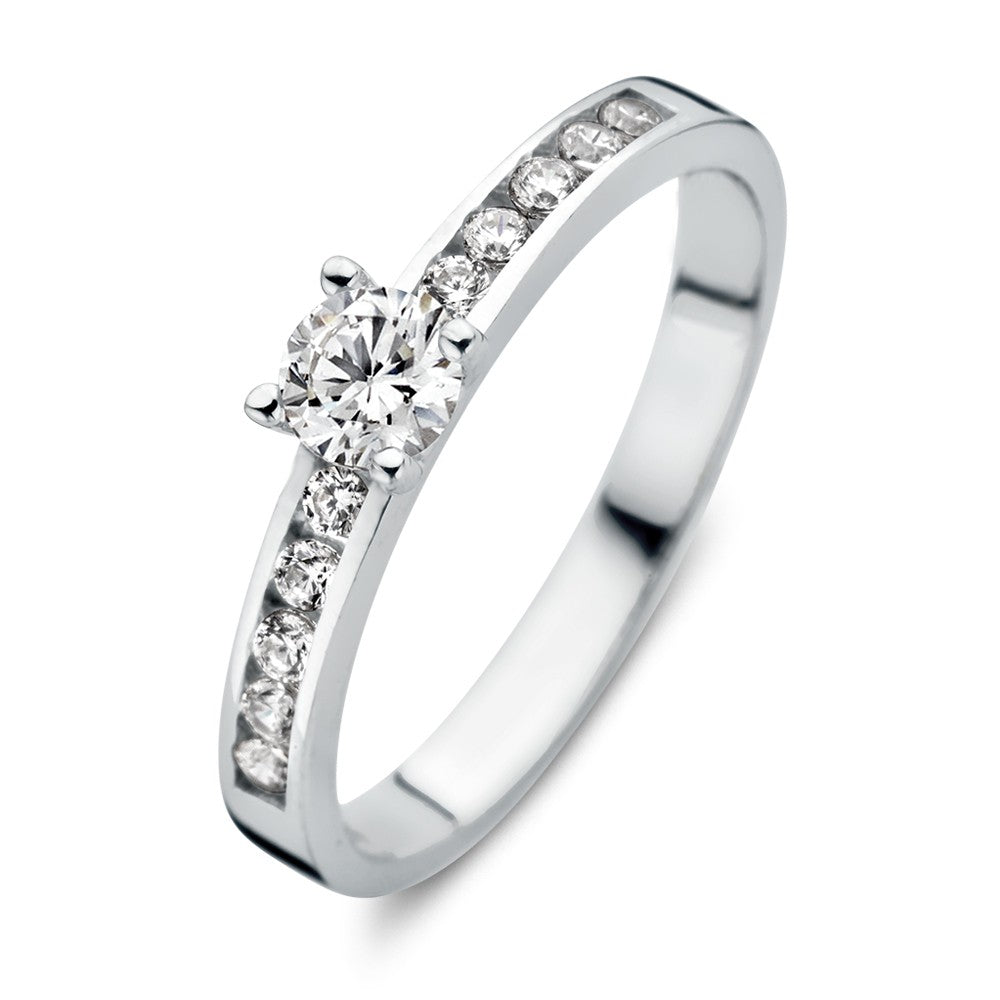 Witgouden Ring für Damen mit Zirkonia, schmaler Band und einem zentralen Stein
