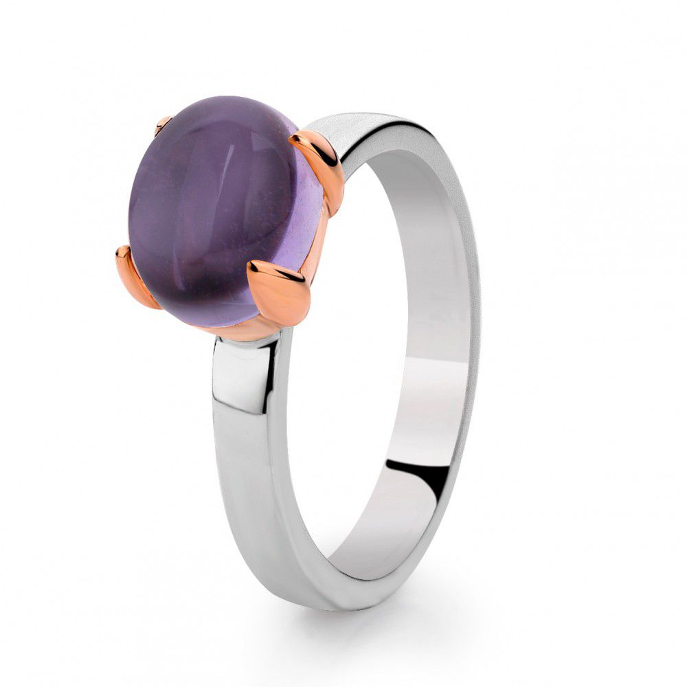 Damenring aus rhodiniertem Silber mit 14-karätiger roségoldener Fassung und lila Amethyst