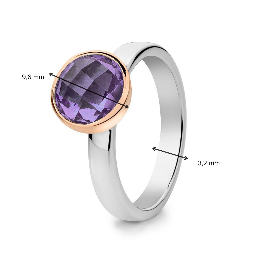 Rhodinierter Damenring aus Silber mit 14 Karat Roségoldfassung und facettiertem violetten Amethyst – Dahlia