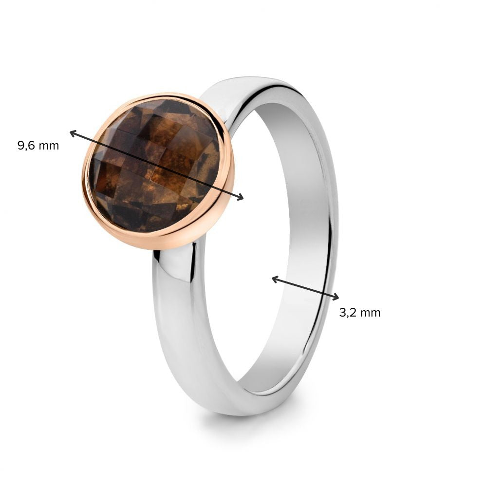 Rhodinierter Damenring aus Silber mit 14 Karat Roségoldfassung und facettiertem Rauchquarz – Girasole