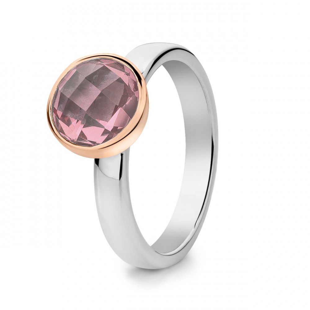 Damenring aus rhodiniertem Silber mit 14-karätiger Roségoldfassung und facettiertem Rosenquarz