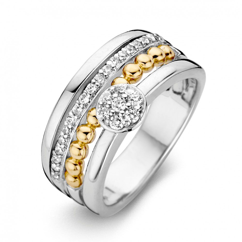 Ring aus Silber und Gold mit Zirkonia, glänzende Oberfläche und runde Zirkonia-Steine in der Mitte