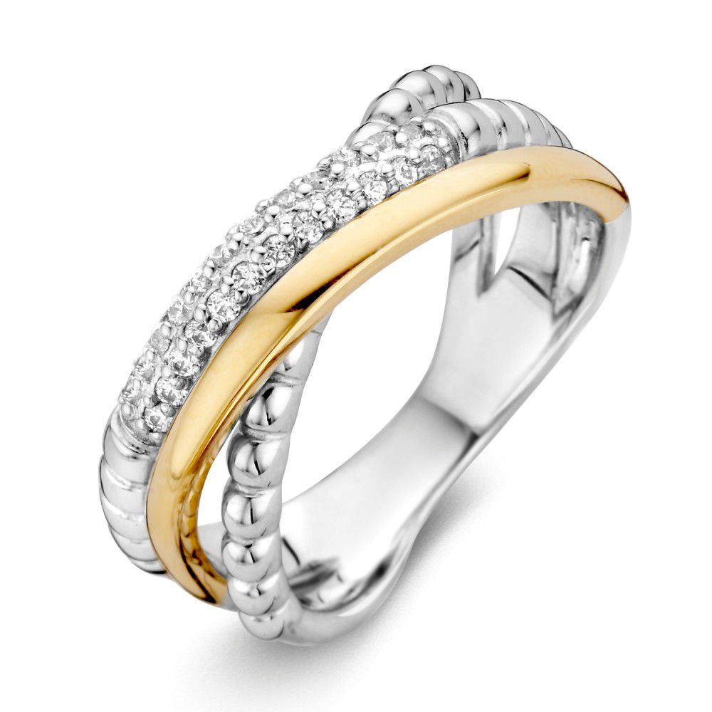 Damenring aus rhodiniertem Silber mit 14 Karat Gold und Zirkonia, 8,3 mm breit