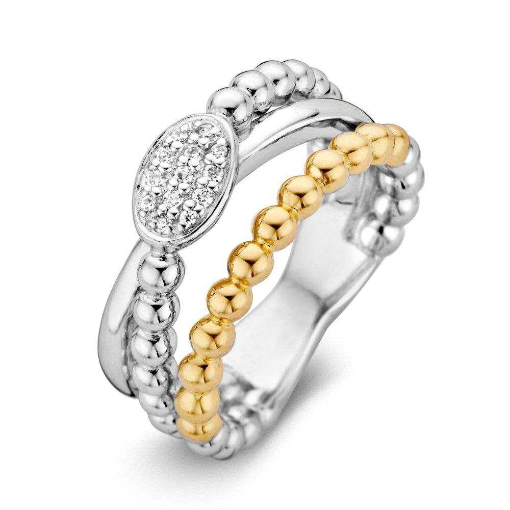 Damenring aus rhodiniertem Silber mit 14 Karat Gold und Zirkonia, ovaler Stein und Kugel-Design